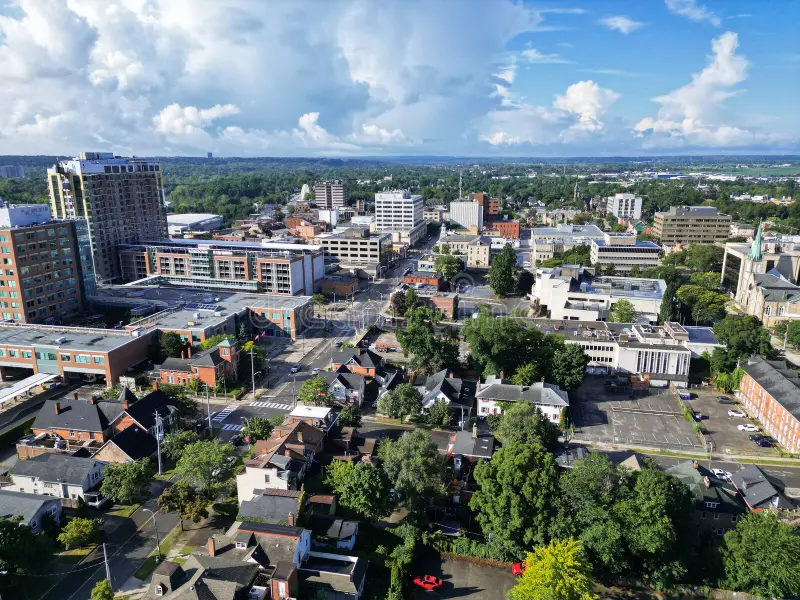 overhead aerial shot intersection academy street king street bus terminal area downtown st catharines